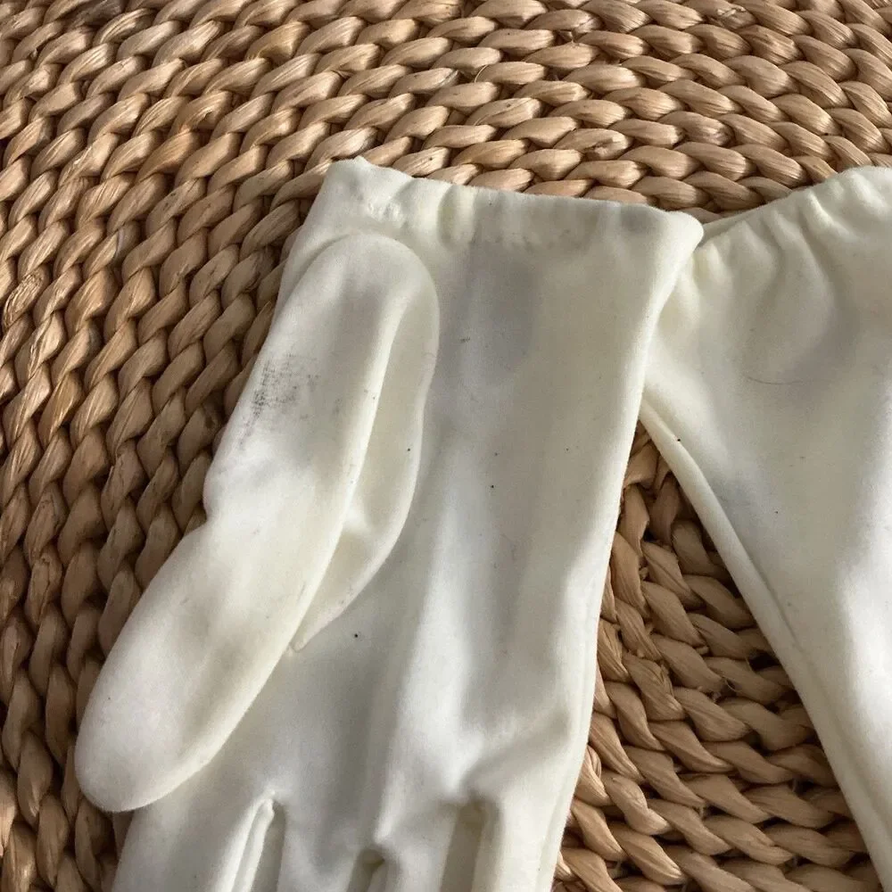 Vintage White Nylon Dress Gloves Small Eyelet Cutout Bow Formal Bridal